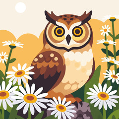 Fototapeta premium Cute Owl Illustration with Daisies-Whimsical Bird Art-Nature Inspired Design-Owl in a Flower Meadow-Artistic Wildlife Image-Owl with Floral Background