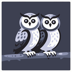 Obraz premium Two Owls Perched on a Branch Illustration-Cute Owl Couple Art-Cartoon Owls Image-Night Owls Graphic-Birds on a Tree Limb-Wildlife Art-Owl Lovers Gift