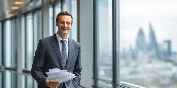 Male businessman in suit holding paper in office. Happy man manager standing by window in corporate building. Successful professional career footage.