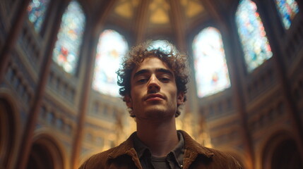 Fototapeta premium The man is looking at us into the camera, standing in a church or cathedral with stained glass windows conveying a spiritual atmosphere. Close-up portrait. His head is raised.
