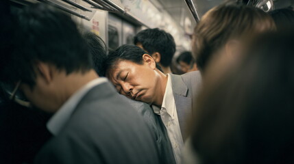 Asian man sleeping while standing in crowded subway train. Commuting culture of exhausted businessman in public transport.