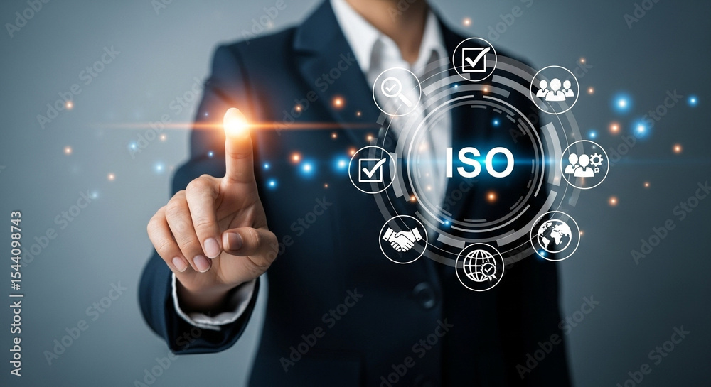 Poster person in suit pointing at iso graphic interface with checkmarks and global icons on blue background