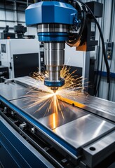 Close-up of machine-cut metal with sparks in the factory