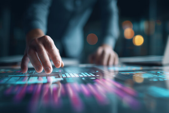Hand using digital interface with data analysis on screen