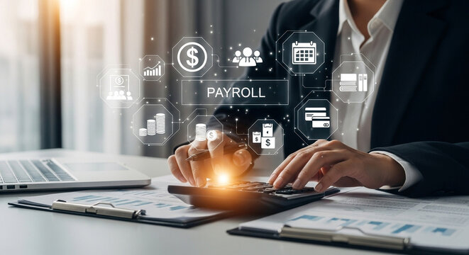 A person calculating payroll with digital icons floating above the calculator and documents on desk