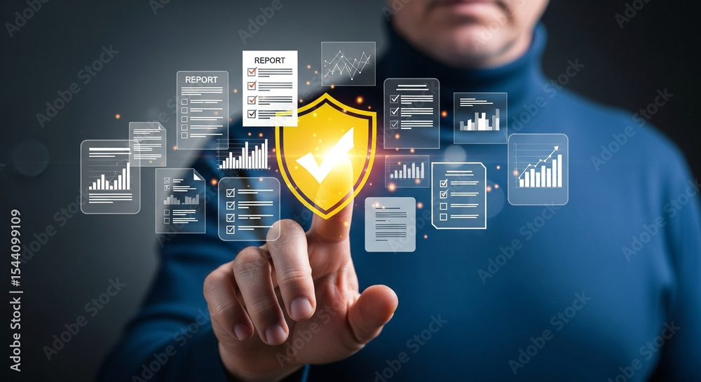 Poster a man touching a digital shield surrounded by reports and charts on a dark blue background