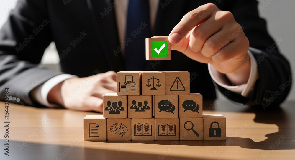 Aufkleber Man placing a checkmark block on top of pyramid of wooden blocks with icon illustrations on them