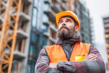 Bearded construction worker with yellow helmet looking up