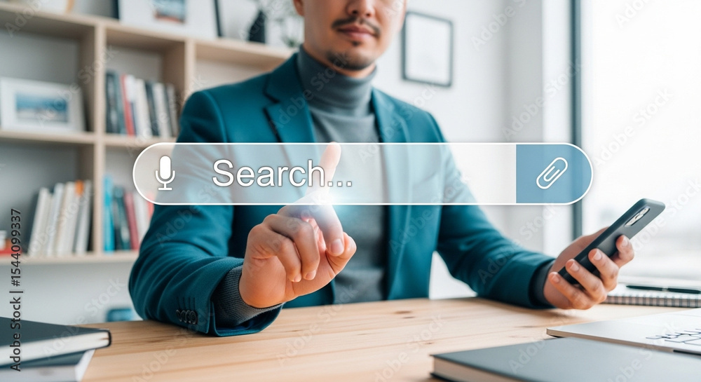 Poster Man in blazer using search bar interface on screen with phone in hand at desk in front of bookshelf