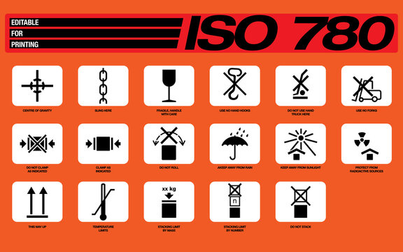 ISO 780 Set of packaging vector symbols for handling and transporting goods. Editable vectors for printing.