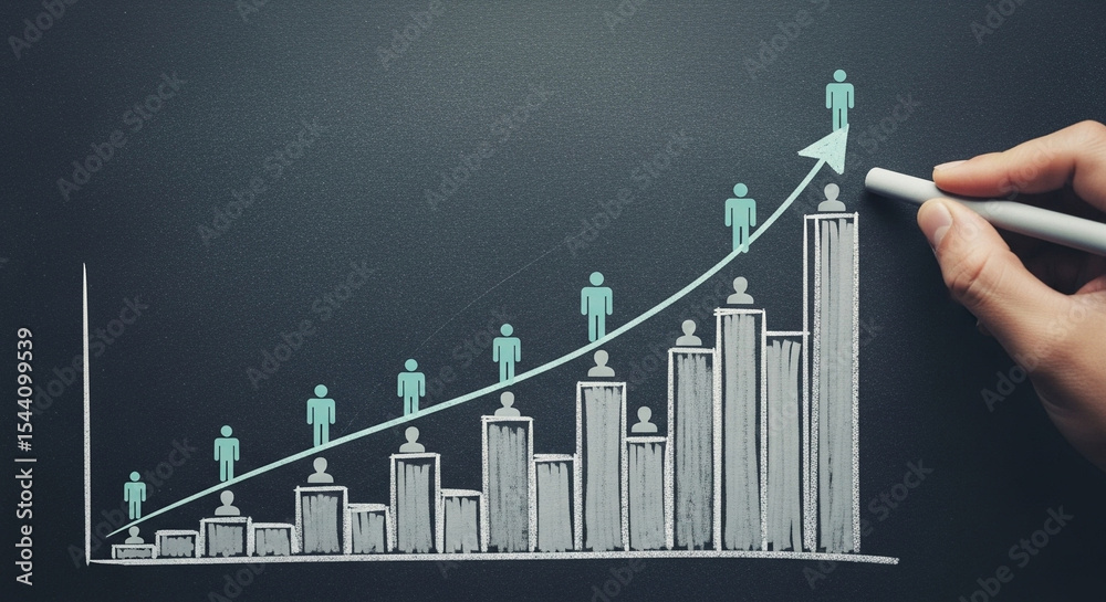 Poster hand drawing growth chart with stick figures on a chalkboard showing business success and developmen