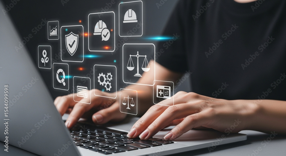 Poster person typing on a laptop with digital icons floating above the keyboard and hands in the foreground