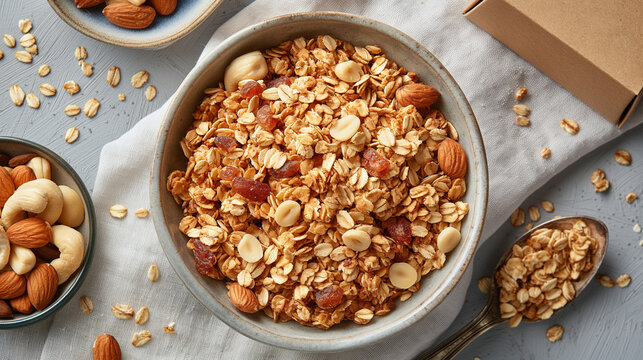 Crunchy granola with almonds, cashews, and oats served in a rustic bowl. Ideal for healthy eating and breakfast content.



