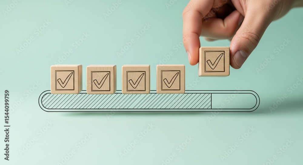 Poster Hand placing a wooden block with a checkmark on a progress bar with completed checkmark blocks