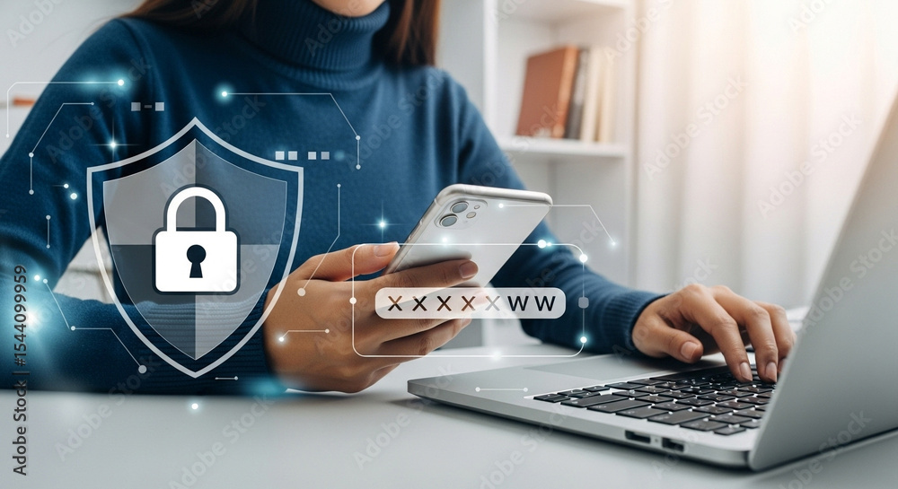 Fototapete person using a phone with a password and laptop with a security shield and padlock overlayed