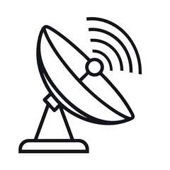 Line art vector icon of a satellite dish emitting waves. Perfect for communication, broadcasting, signal transmission, satellite technology, wireless networks, and media industries.