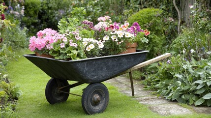 Decorative wheelbarrow filled with plants and flowers placed on a garden lawn