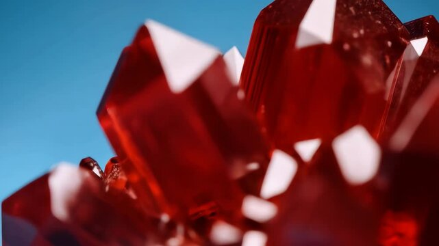 Macro shot of ruby red crystals on a bright blue background for use as a graphic element or visual in science projects.