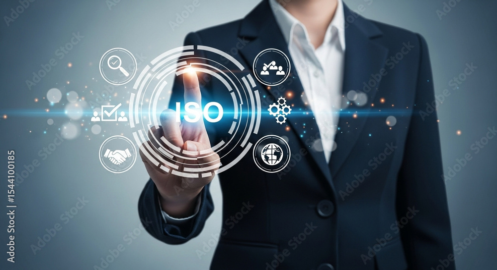 Poster Woman in suit interacting with iso interface and various icons on a digital display screen concept