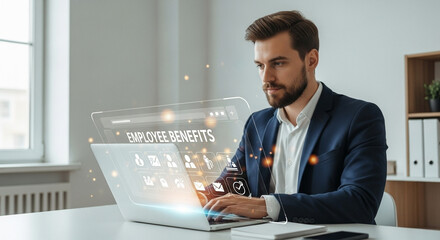 Man in suit working on laptop with employee benefits interface overlay at a bright office desk