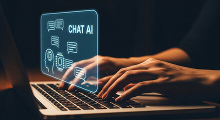 Hands typing on a laptop with chat ai interface overlaying the screen in a dark environment scene