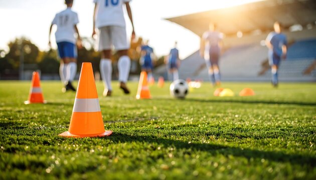 Youth soccer team practices drills on a sunlit field, focusing on agility with vibrant orange cones.
