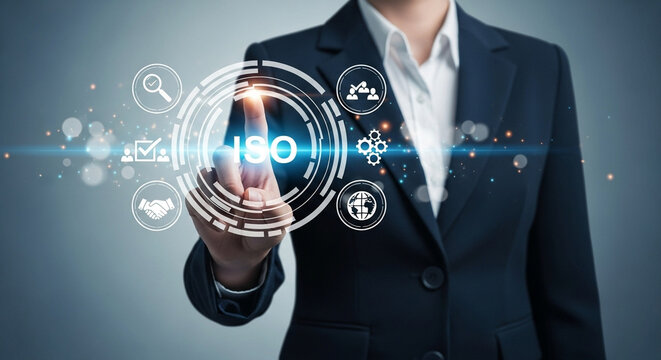 Woman in suit interacting with iso interface and various icons on a digital display screen concept