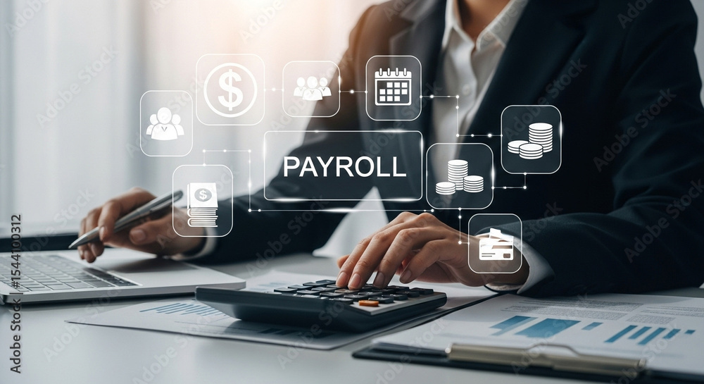 Poster person calculating payroll with laptop and calculator surrounded by payroll related icons
