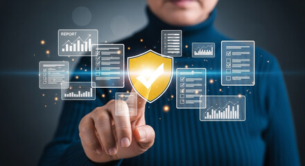 Person interacting with digital interface featuring shield and data visualizations around them