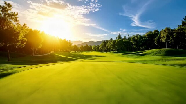 Scenic golf course landscape with vibrant green fairway, trees, sunlight and a mountain range in the distance on a clear day.