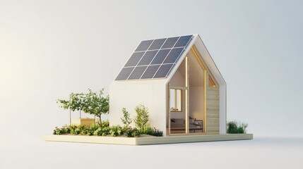 A minimalist tiny house with solar cell panels installed on its roof and a small garden shed