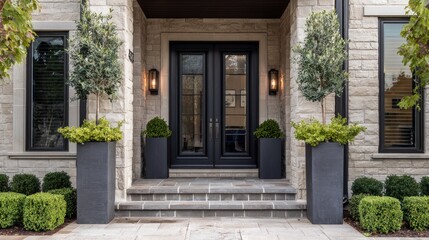 Minimal entry porch with stone pavers, tall planters, and matte black decor