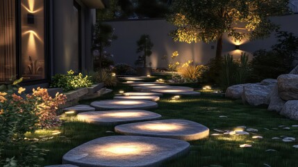 A modern backyard with solar garden lighting embedded into the stone pathways for a sleek look