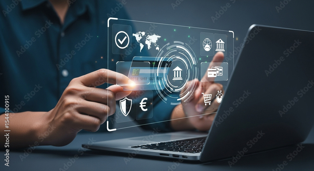 Poster Person using laptop with digital interface displaying online banking and global transactions
