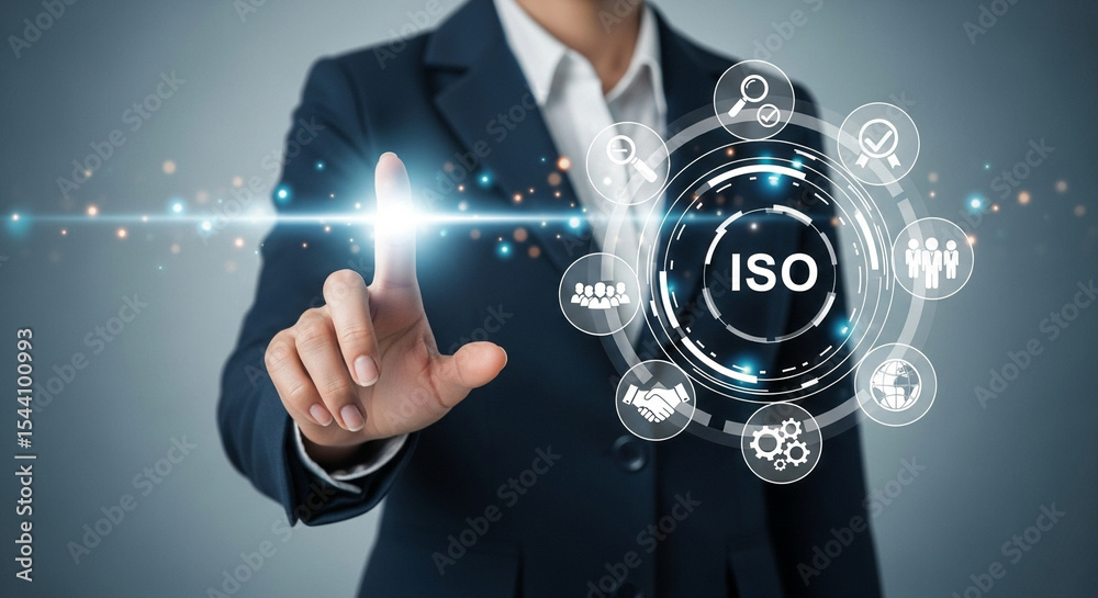 Leinwandbilder a person in a suit pointing at a digital iso icon with various business related symbols around it