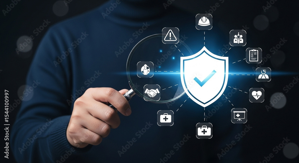 Poster Man holding magnifying glass over shield with checkmark and various safety related icons around it