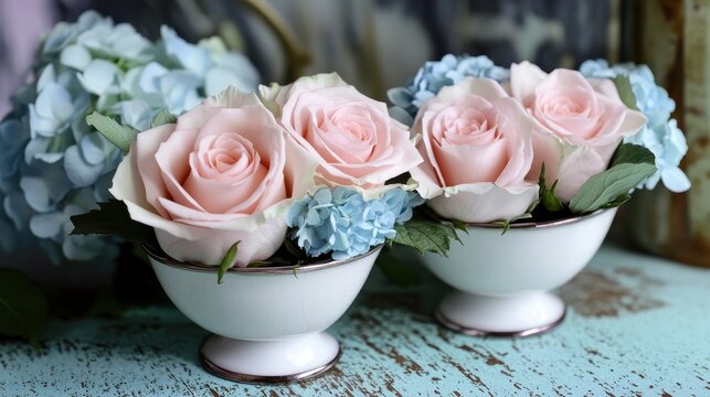 Delicate arrangement of pastel pink roses and light blue hydrangeas in small white bowls.