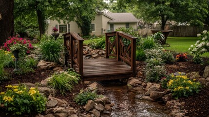 Obraz premium Small wooden bridge over dry creek bed with garden dcor on both sides