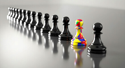 Colorful pawn standing out among black chess pieces symbolizing autism ADHD neurodiversity and individuality Conceptual Image