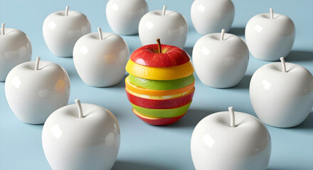 Layered multicolor apple standing out among white apples symbolizing autism ADHD neurodiverse identity Conceptual Image