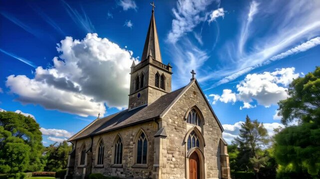 Stone church building with spire and cross against blue sky with clouds in countryside landscape, green lawn and trees on sunny day