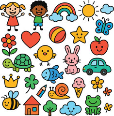 Colorful Doodle Icon Set for Kids &ndash; 30 Cute Cartoon Elements Including Animals, Nature, and Children Characters