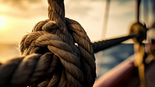 Old sailboat rigging with nautical rope detail at sunset or sunrise creating a maritime atmosphere, ocean voyage and marine theme.