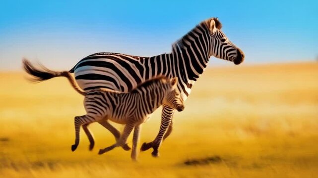 A zebra and its foal running through a golden field under a clear blue sky during daytime light video