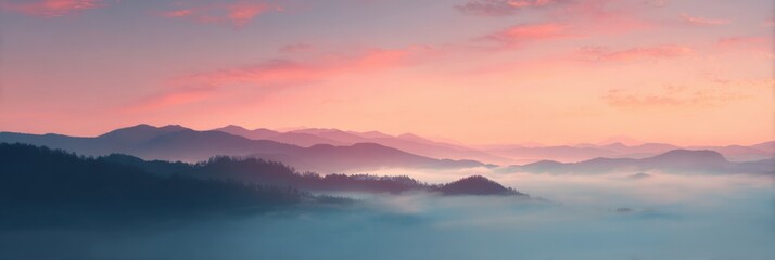 Calm Sunrise Illuminating Fog-Covered Mountains With Pastel Hues and Serene Landscape