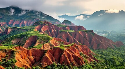 Red rock mountains with lush green valleys.  A panoramic view of eroded, reddish-brown hills and valleys with patches of green vegetation. Clouds drift over the mountaintops