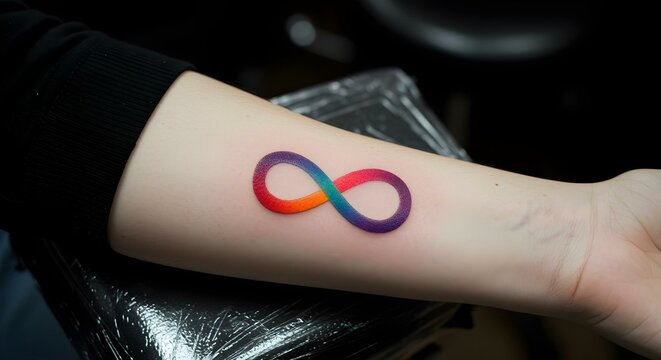 Rainbow infinity tattoo on forearm representing neurodivergent identity autism pride and self-empowerment