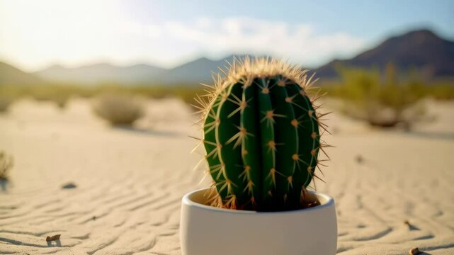 Barrel cactus in white pot standing on patterned sand in a desert landscape with mountains in background under a blue sky