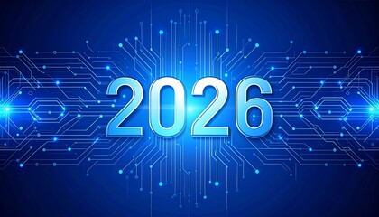 Electric blue circuit board design featuring glowing lines and 2026 as future technology
