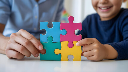 Smiling child with adult assembling puzzle pieces representing autism therapy support and inclusion